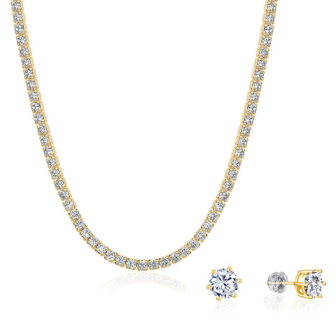 5A Cubic Zirconia Tennis Necklace and 7mm Stud Earrings Set (18K Gold)